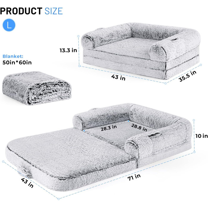Крісло-ліжко для собак, 2-в-1, сіре, велике, для дорослих, з ефектом пам'яті, водонепроникне, 71x43x10 см