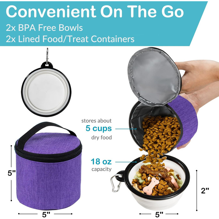 CLAWIST Сумка для собак у подорожах з контейнерами для ласощів та корму, фіолетовий, для авіаперельотів, аксесуари для собак