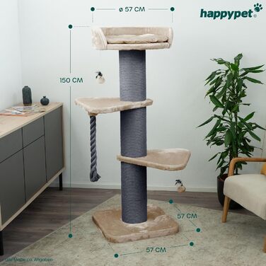 HAPPYPET Premium Когтеточка для великих котів Freddy 150 см, стійке дерево для кішок Мейн-Кун, натуральний сизаль, стовпи 20 см, колір капучино