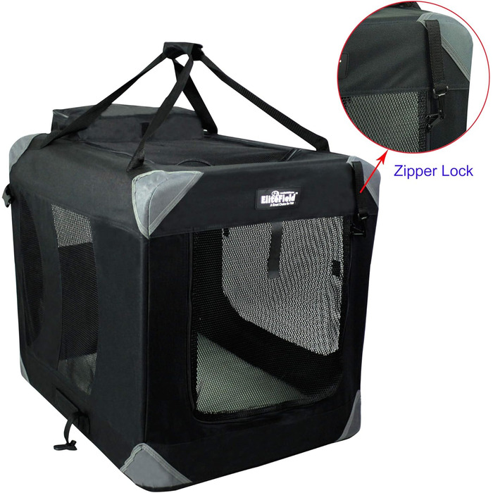 Клітка для собак EliteField з 3 дверцятами, складна, м'яка, з сумкою для перенесення та лежаком з флісу, для використання в приміщенні та на вулиці, 91.4 x 61 x 71.1 см, Чорний