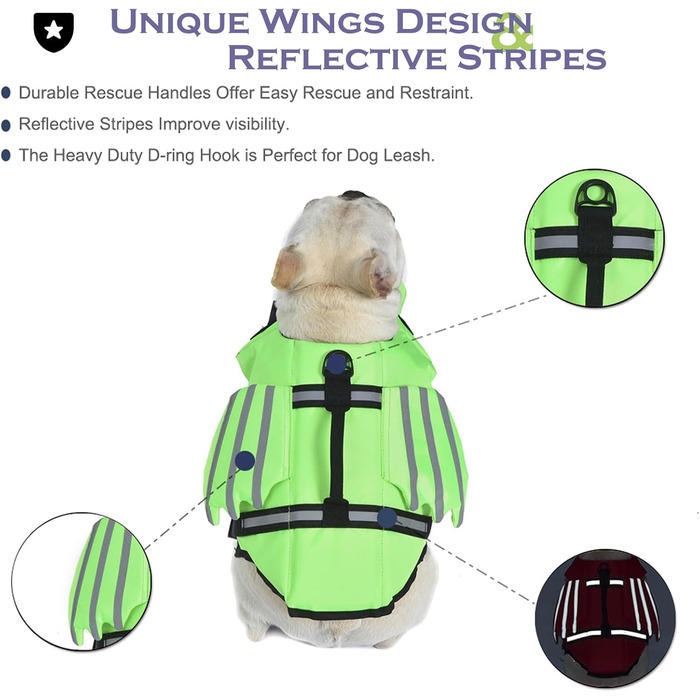 Рятувальний жилет для собак з плавниками, для собак з проблемами підборіддя, легкий та безпечний для водних видів спорту, жилет для собак з ручкою та світловідбиваючими елементами для малих, середніх та великих собак (L, Зелений)
