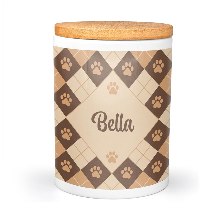 PICANOVA Скляна банка для ласощів з іменем - подарунок для собак - зберігання сухого корму - керамічна банка для власників собак та котів - дизайн (Set Checkered Paws)