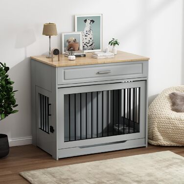 DAWNYIELD Клітка для собак, меблі, дерев'яна з відкидною дверцятами та шухлядою, стиль меблів, внутрішній вольєр для собак, стіл з поворотним миском на 360°, білий колір, біла розсувна дверцята (сіра розсувна дверцята)