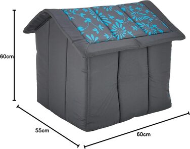 Будиночок для собак і котів HobbyDog XL 60x55x60 см, синій з квітами, знімний дах, для середніх порід, для дому