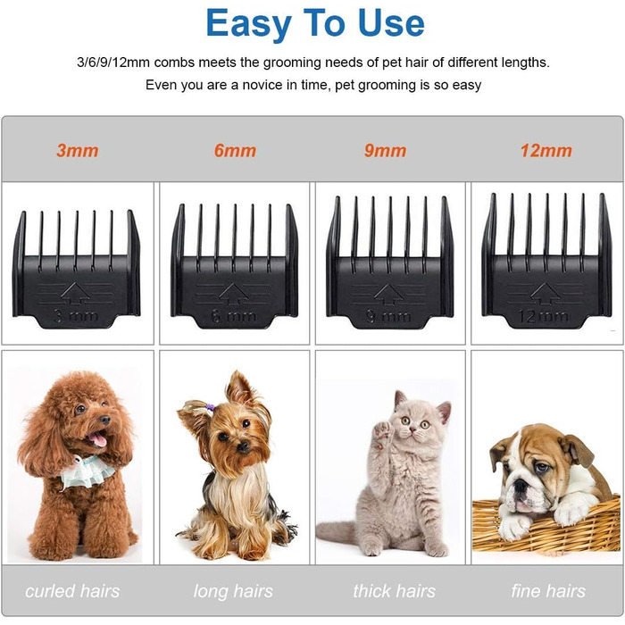 eSynic Професійна машинка для стрижки котів та собак, триммер для лап, електрична машинка для грумінгу, 4 насадки