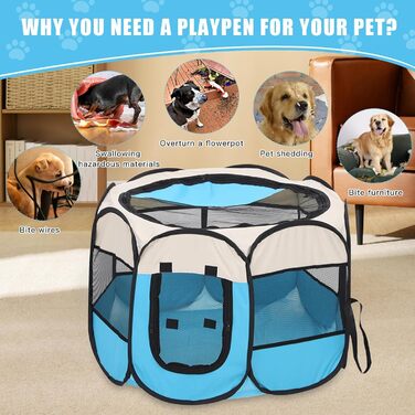Складана переносна вольєр для цуценят та собак, 74x74x43 см, водовідштовхувальне полотно Oxford, вольєр для собак, клітка для котів та собак, кроликів (Блакитний, 8, M)