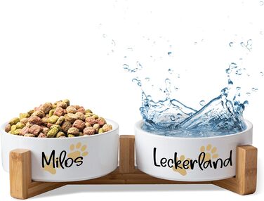 Керамічний подвійний набір мисок з іменем для собак та котів 'Дві маленькі лапки' - персоналізований набір мисок з/без підставки | Миска для собак, годівниця, миска для їжі | Годівниця (2x 1300 мл, з підставкою)