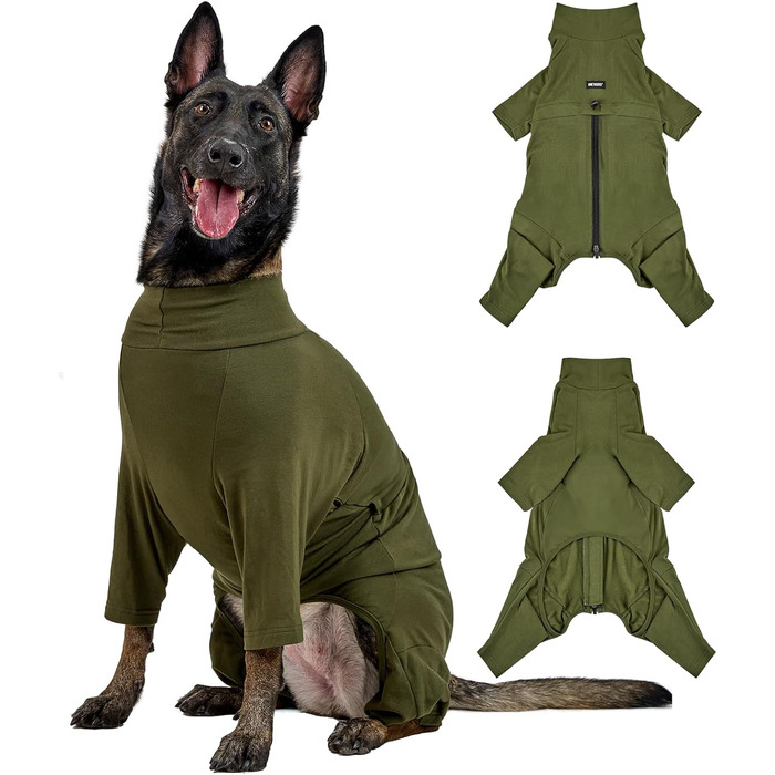 Комбінезон для собак OneTigris FUZZBUD, зелений, L: теплий, еластичний, для собак середніх та великих порід, захист від випадання шерсті, алергії, витікання, ран