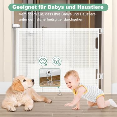 Захист для сходів з замком, розтяжний захист для дітей та собак, ширина 150 см, висота 83 см (140 см/білий, без свердління, автоматичний замок)