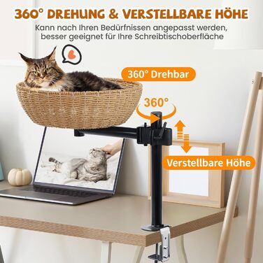 Кігтеточка-ліжко для кота на стіл: обертання 360°, регульована висота, без свердління. Підвищене котяче ліжко над столом. Тримає кошеня/кота поруч. Зручне ліжко для кота з подушкою для тварин.