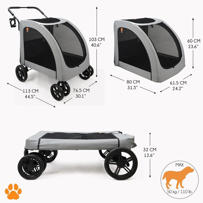 Візок для собак Честер - візок для великих собак, котів, зручний, складний, з дощем та тримачем для напоїв, вантажопідйомність 50 кг (Сірий)