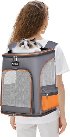 Рюкзак для собак та котів PETCUTE, дихаючий, з висувною підстилкою, прозоре вікно, складаний, з поводком, для подорожей, Малахіт+Білий (Сірий+Помаранчевий)