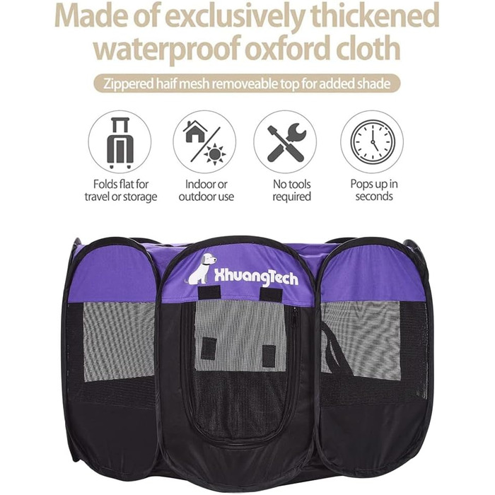Клітка-манеж для тварин XhuangTech: собаки, коти, цуценята, 80x80x58,4 см, м'який матеріал, портативна, складана, для дому та вулиці, фіолетовий/чорний