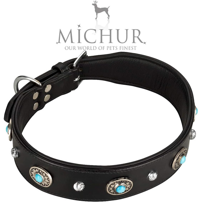 Нашийник для собак MICHUR Alonzo з натуральної шкіри, чорний, широкий, з синіми каменями та заклепками, різні розміри, обхват шиї 33-38 см
