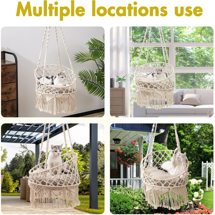 Килимок-гамак для котів MeWoofun ручної роботи з макраме - бохо-шезлонг для котів в інтер'єрі, декоральне підвісне ліжко для сну, ігор та відпочинку - гніздо-шезлонг для домашніх тварин