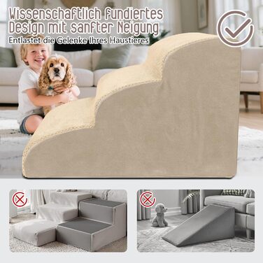 Сходинки для собак, 4 сходинки, знімний поручень, неслизьке покриття, для ліжка та дивану, з високощільним губчастим наповнювачем (3 сходинки, бежевий)