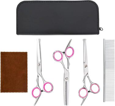 Набір професійних ножиць для собак з нержавіючої сталі - для всіх порід - з ножицями для фінальної обробки, гребінцем та ганчіркою - сріблястий Model4101328