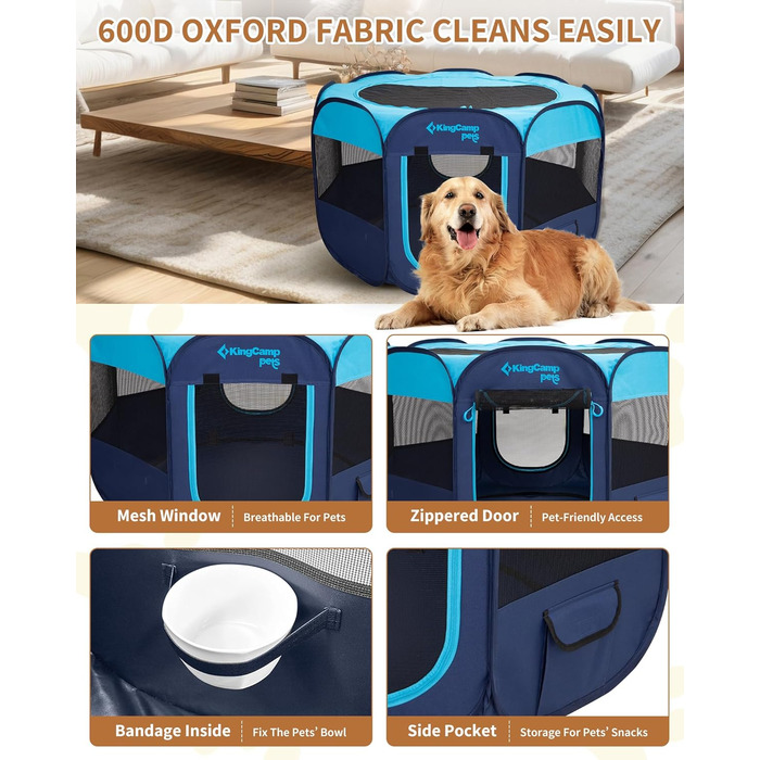 КінгКемп Переносний вольєр для собак, вольєр для цуценят, складаний вольєр для домашніх тварин, намет для собак з сумкою, для використання в приміщенні та на вулиці, знімний блискавкою низ, розмір S (вольєр для тварин з 8 панелей, блакитний)