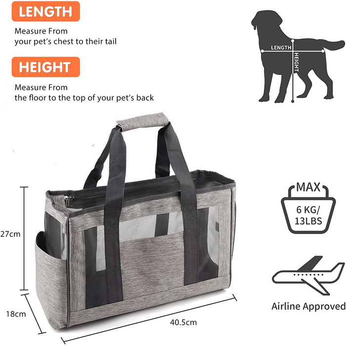 Транспортна сумка для собак PETCUTE, схвалена Airine, з регульованим плечовим ременем, дихаюча сумка-переноска для котів та собак (M, сіра)