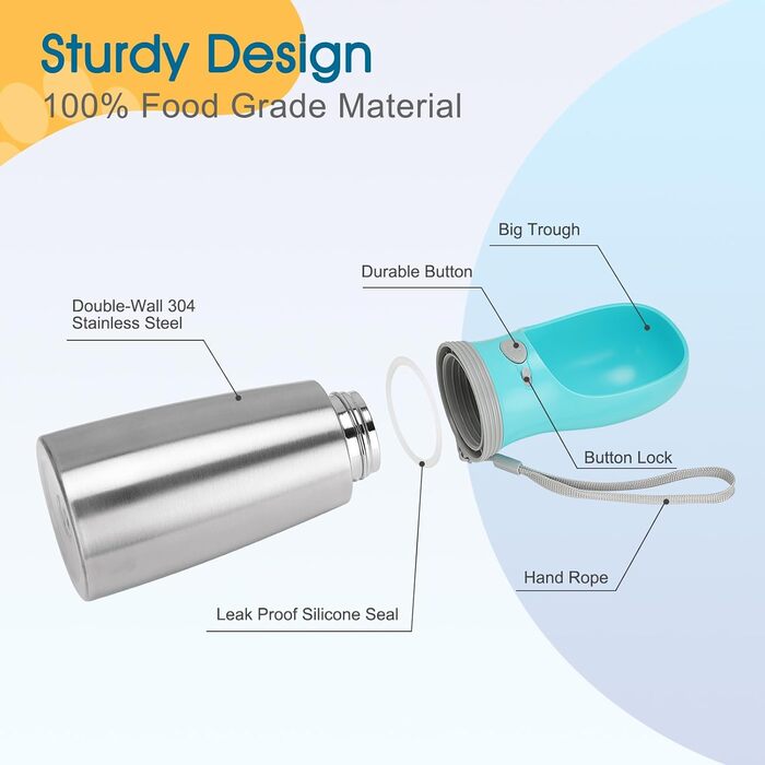 Портативна пляшка для води для собак, 680 мл, нержавіюча сталь, без витоку, диспенсер для води та корму для цуценят, для подорожей, прогулянок, походів та активного відпочинку
