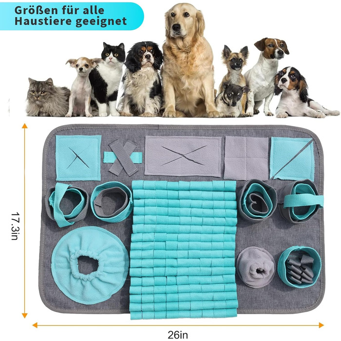 Килимок для собак SchnüFfelteppich, миючий, для тренувань, годівлі, нюховий тренінг, проти нудьги, для цуценят (66 x 42 см), блакитний