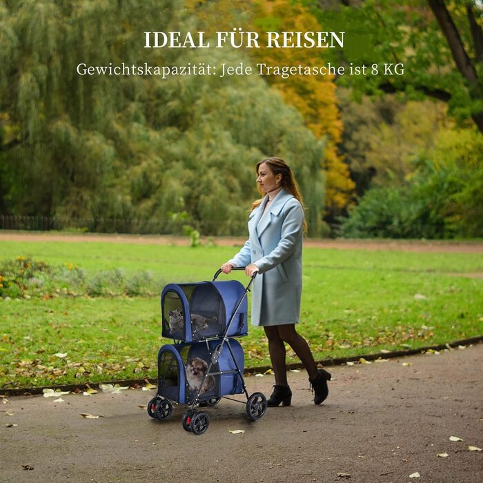 GYMAX Складаний візок для собак, буги для тварин з 2 знімними кишенями, візок для собак з передніми та задніми дверцятами, переноска для домашніх тварин з сітчастою тканиною та колесами з гальмами, переноска для собак та котів (Блакитний)