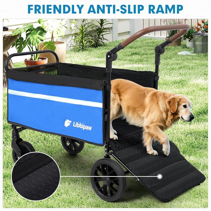 Універсальна візок для собак на великих колесах, 2-в-1 візок для дітей та собак з антиковзною рампою та поворотним ручками, складний візок для великих собак, літніх людей та травмованих тварин, для відвідування ветеринара, блакитний