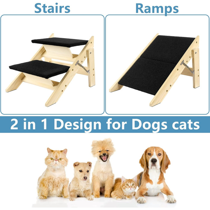Двостороння дерев'яна пандус для собак з 2 сходинками, 58 см - пандус та сходи для маленьких та середніх собак