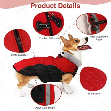 Зимова куртка для собак, водовідштовхувальна, тепла, м'яка, вітрозахисна. Куртка для собак з кріпленням для повідка, світловідбиваючі елементи, застібка-блискавка, регульована блискавка для маленьких та середніх собак (зелена, червона, XL)