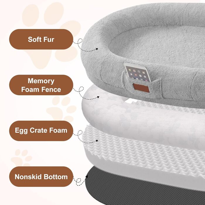Крісло-ліжко для собак та людей, 180х122х25 см, велике крісло-мішок з ковдрою, овальне ліжко з штучного хутра, знімний великий матрац Memory Foam, сіре