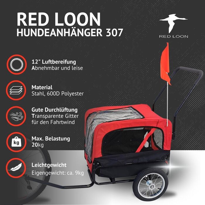 Фаркоп для собак Red Loon Mini - вело- та біговий причіп для собак, легкий переобладнання, світловідбивачі, комплект для бігу, червоний/чорний, вантажопідйомність до 20 кг