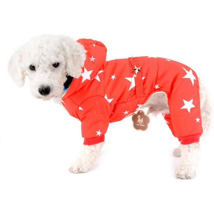 Зуена Зимовий теплий костюм для собак з капюшоном, флісовою підкладкою та зірковим поясом. Водонепроникний костюм для собак, теплий одяг для собак, худі, комбінезон для котів, цуценят, чихуахуа. Розмір L (спинка 30 см, груди 42 см), червоний