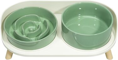 Набір мисок для собак з кераміки, піднятий на платформі - миски для повільного годування, набір з двох мисок для маленьких та середніх собак, годівниця та миска для води з неслизьким підставкою, середньо-зелений колір