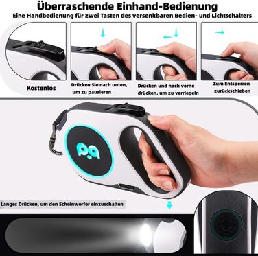 Розтягувана собача поводок з LED-підсвіткою, гальмом та системою швидкого розблокування, 5м, нейлон, до 40кг