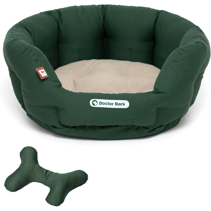 Ліжко для собак Doctor Bark - кругле, м'яке, середнього розміру, з ортопедичною подушкою та іграшкою-кісткою. Можна прати до 95°C. Виготовлено в Німеччині (M - 50x40 см, Зелений/Бежевий)