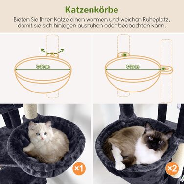 Кігтеточка Globlazer 204 см з 3 будиночками, 2 платформами, 3 м'якими будиночками для котів, стабільна, для 3-5 котів, відпочинок, ігри, дряпання, інтер'єр (Dunkelgrau)