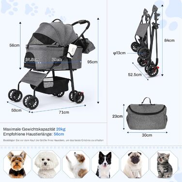 Візок для собак Mamizо 3-в-1, до 30 кг, з сумкою, поворотні колеса, для собак та котів, сірий