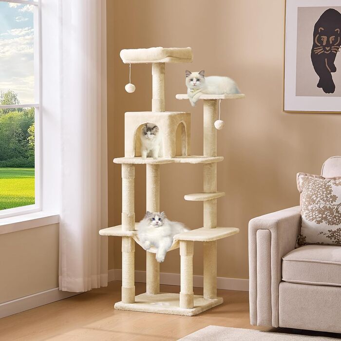 Кігтеточка для котів MSmask велика, багатоярусна з 2 будиночками, гамаком та сизалевими стовпчиками