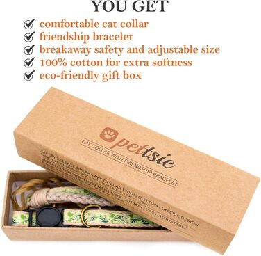 Набір нашийників для котів Pettsie та браслети дружби, безпечний дизайн з м'якої бавовни, D-подібне кільце для аксесуарів, регульований розмір 19-29 см, зелений