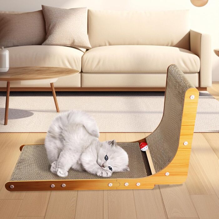 Котяча дряпка L-подібної форми, 68 см, з дзвіночком, рибкою та мишкою, з якісного картону, для стін, задовольняє природну потребу в дряпанні, XXL