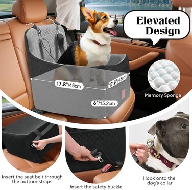 Автокрісло для собак маленьких та середніх порід (до 15,9 кг), з пам'яті-ефекту, знімний чохол, 2 ремені безпеки, чорний/сірий, Medium