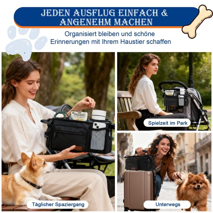 Органайзер для дитячої коляски та собак, сумка-органайзер для аксесуарів для собак з дозатором пакетів для екскрементів, кишенькою для ласощів та тримачем для чашки, сумісний з ручками 35–48 см, подарунок для любителів тварин, чорний