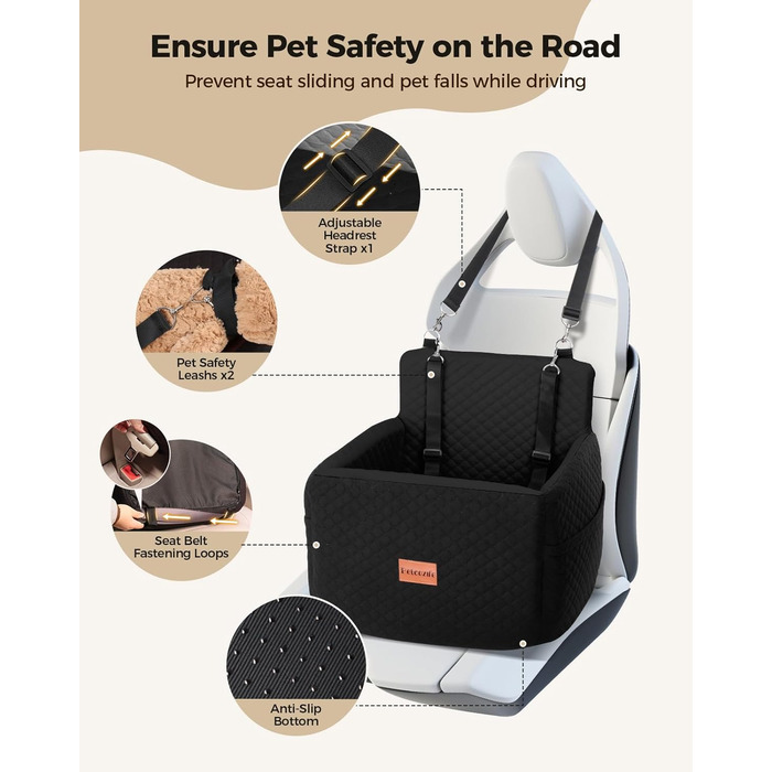 Автокрісло для собак Petcozife: безпечне та зручне автокрісло для собак малого та середнього розміру (до 15 кг), знімний, з товстим килимком та двома страхувальними ременями (чорний)