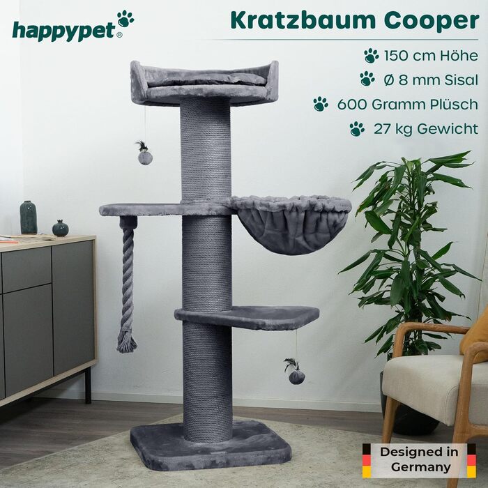 HAPPYPET Premium Котячий Дерево Cooper 150 см для великих котів, кішок Мейн-кун, стовбури 20 см, натуральний сизаль, сірий, стійкий когтеточка-клітер для котів