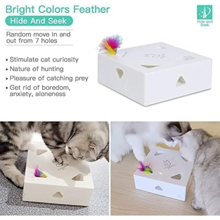 Іграшка для котів Migipaws MigiBox: інтерактивна коробка з 7 отворами, електрична, з подачею пір'я, для задоволення котів, перезаряджувана, 4 шт. пір'я (набір для поповнення)