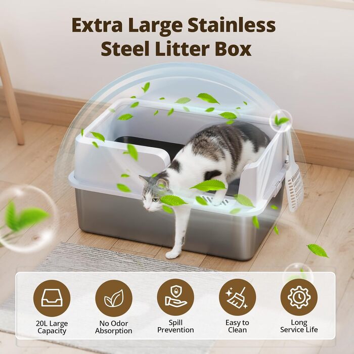 Лоток для котів PawGiant XXL з нержавіючої сталі, високий бортик, металевий туалет для великих котів, не прилипає, без запаху, герметичний, зі совком