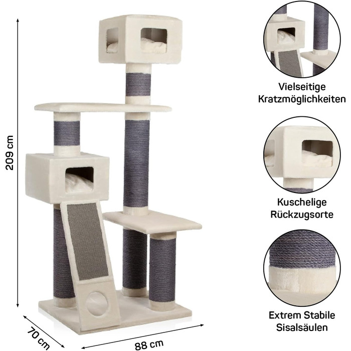 Котячий будиночок Kratzbaum Maine Coon 209 XXL - міцна кігтеточка для котів з товстими сизаловими стовпами (20 см), великий та стійкий, котячий будиночок, комплекс для лазіння, меблі для котів (бежевий)