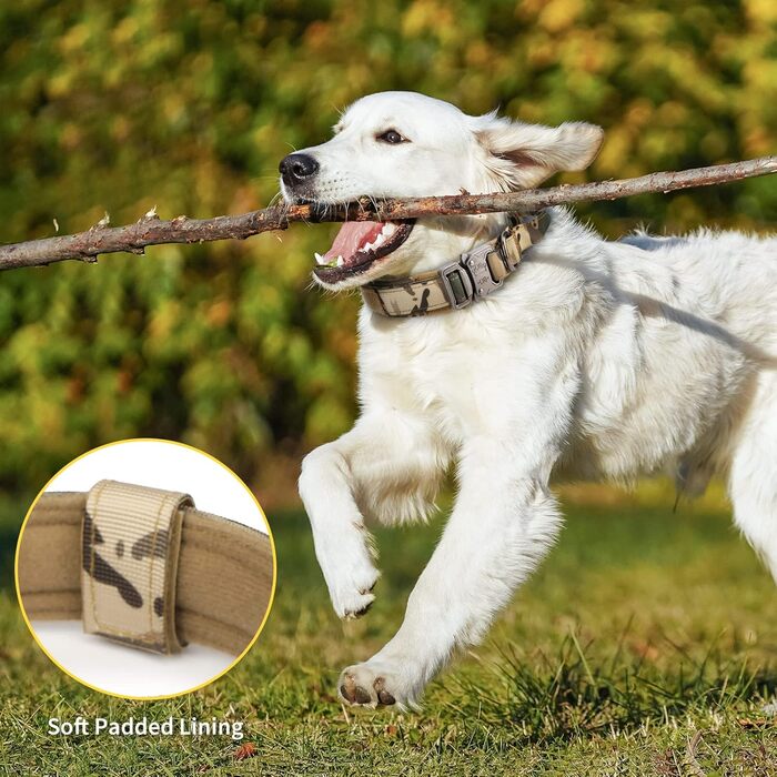 Тактичний нашийник для собак Huntvp, регульований, з ручкою контролю, з нейлону, з підкладкою, металева застібка, для середніх собак, для полювання, тренувань, активного відпочинку, камуфляж M