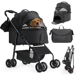 Візок для собак Mamizo 3-в-1, до 30 кг, з сумкою, для малих/середніх собак і котів, чорний, тканина Леїнен