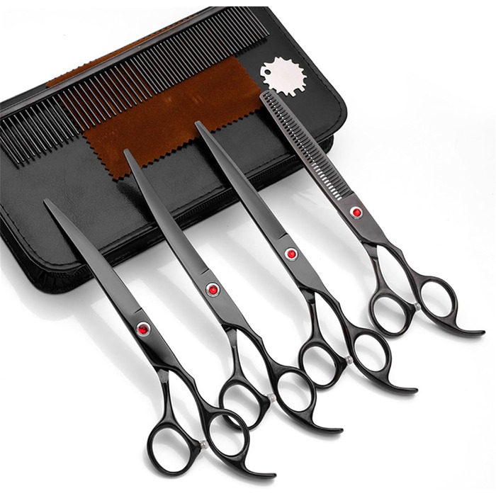 Набір професійних ножиць для грумінгу собак та котів 7.0 дюймів (5-в-1), нержавіюча сталь 440C, з витончувальним ножем, вигнутими та прямими ножицями, гребінцем для шерсті